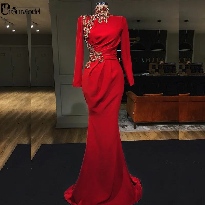 Muslimischen Rot Abendkleider 2021 Neue Hohe Kragen Voll Sleeves Perlen Meerjungfrau Abendkleid Dubai Saudi Arabisch Formale Party Kleider