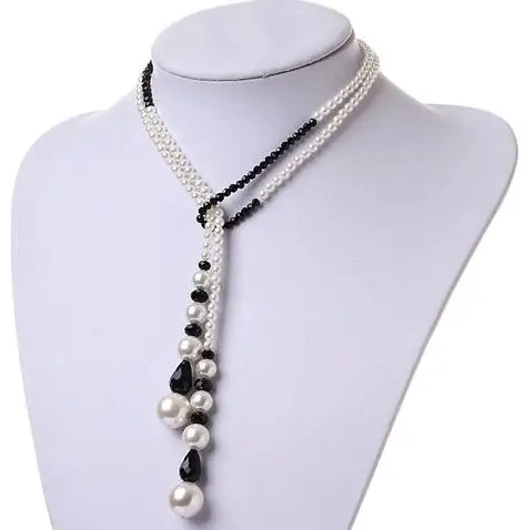 New Style Favorite Pearl Fine Jewelry 120cm Long AA 4-10MM White Sea Shell Pearls Black Crystal Beads Handmade Pearl Necklace