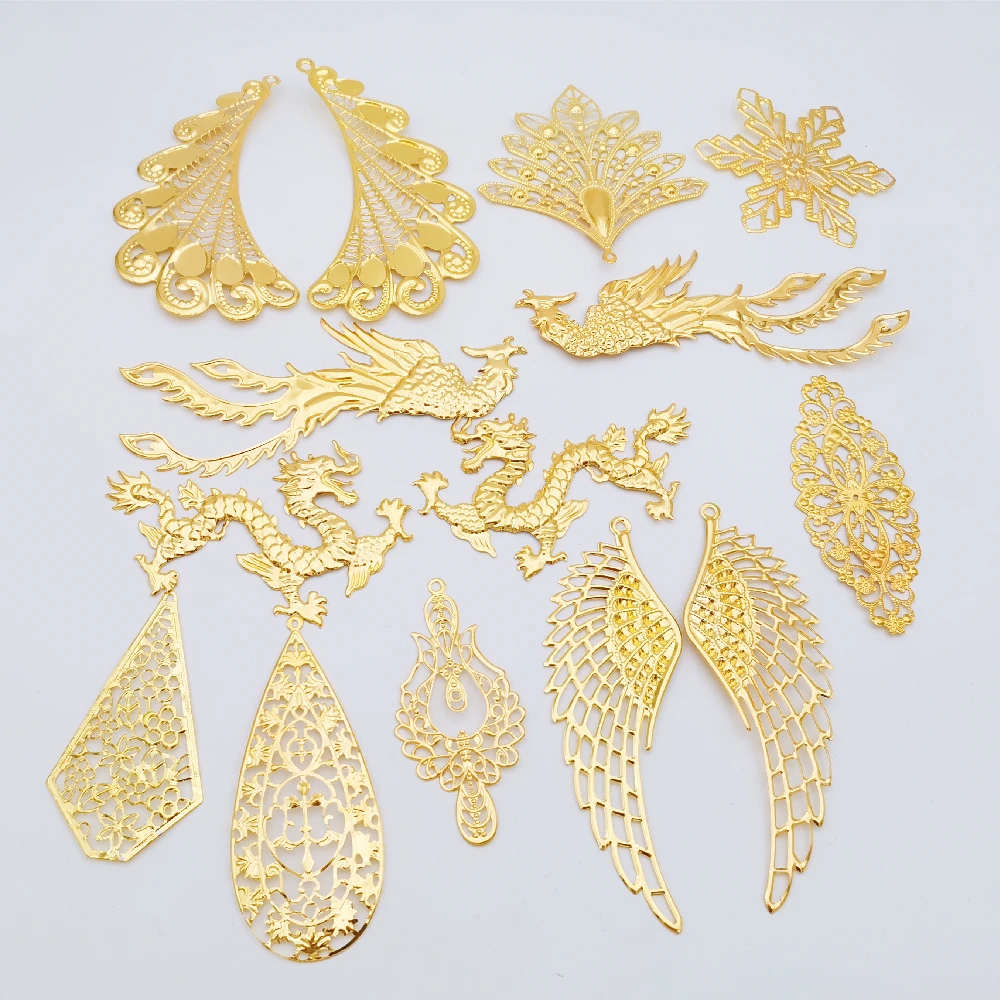 10 Pieces Gold color Phoenix dragon Metal Filigree Big Flowers Slice Charms Wrap Connector Jewelry DIY Components Hair Accessory