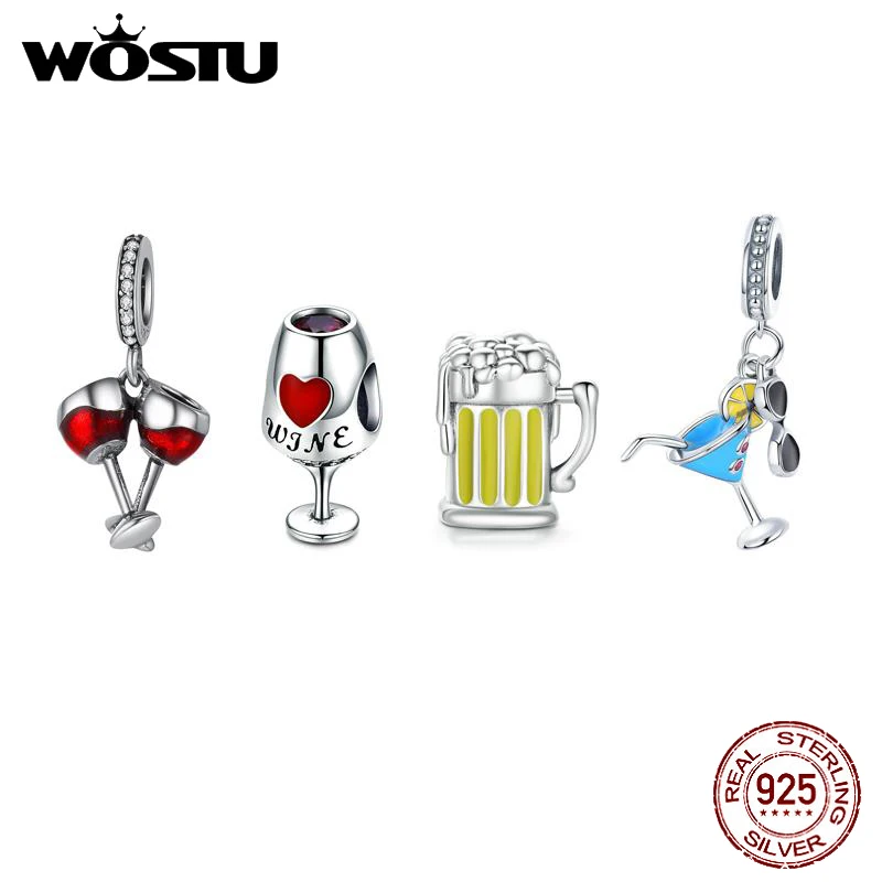 WOSTU 925 Sterling Silver Wine Glass Series Charm Drink Bead Pendant Fit Original Bracelet Necklace DIY Jewelry