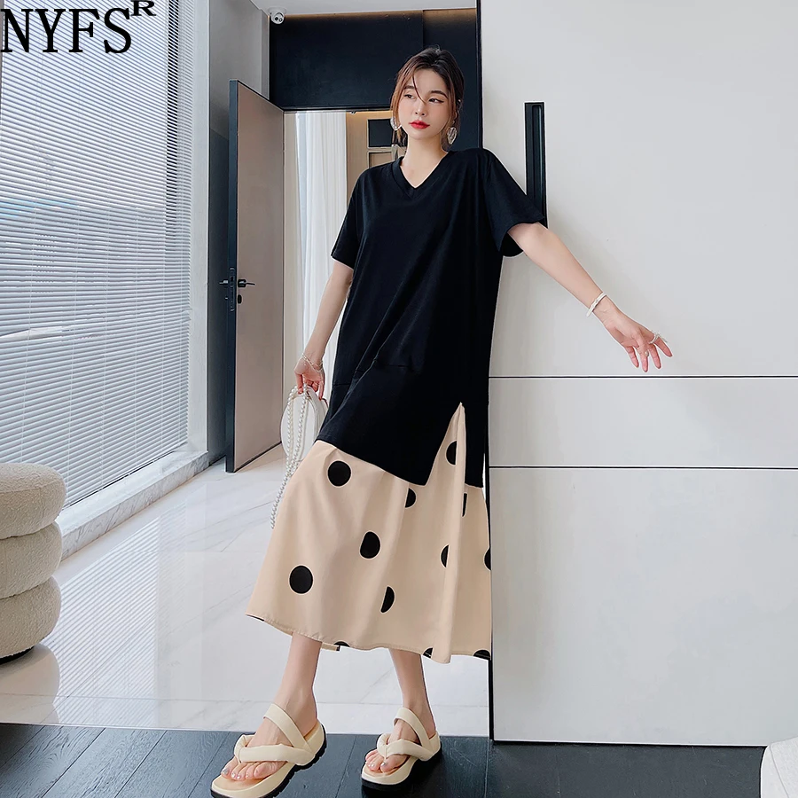 NYFS 2024 Summer New Korea Loose Woman Dress Vestidos Robe Elbise Fashion Cotton Patchwork Big Wave Point Fake Two Pieces Dress