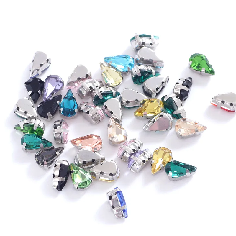 3 Sizes Colorful Teardrop Glass Crystal Sew on Rhinestones with Silver Claw Sew On Gemstones for Clothing Accessories