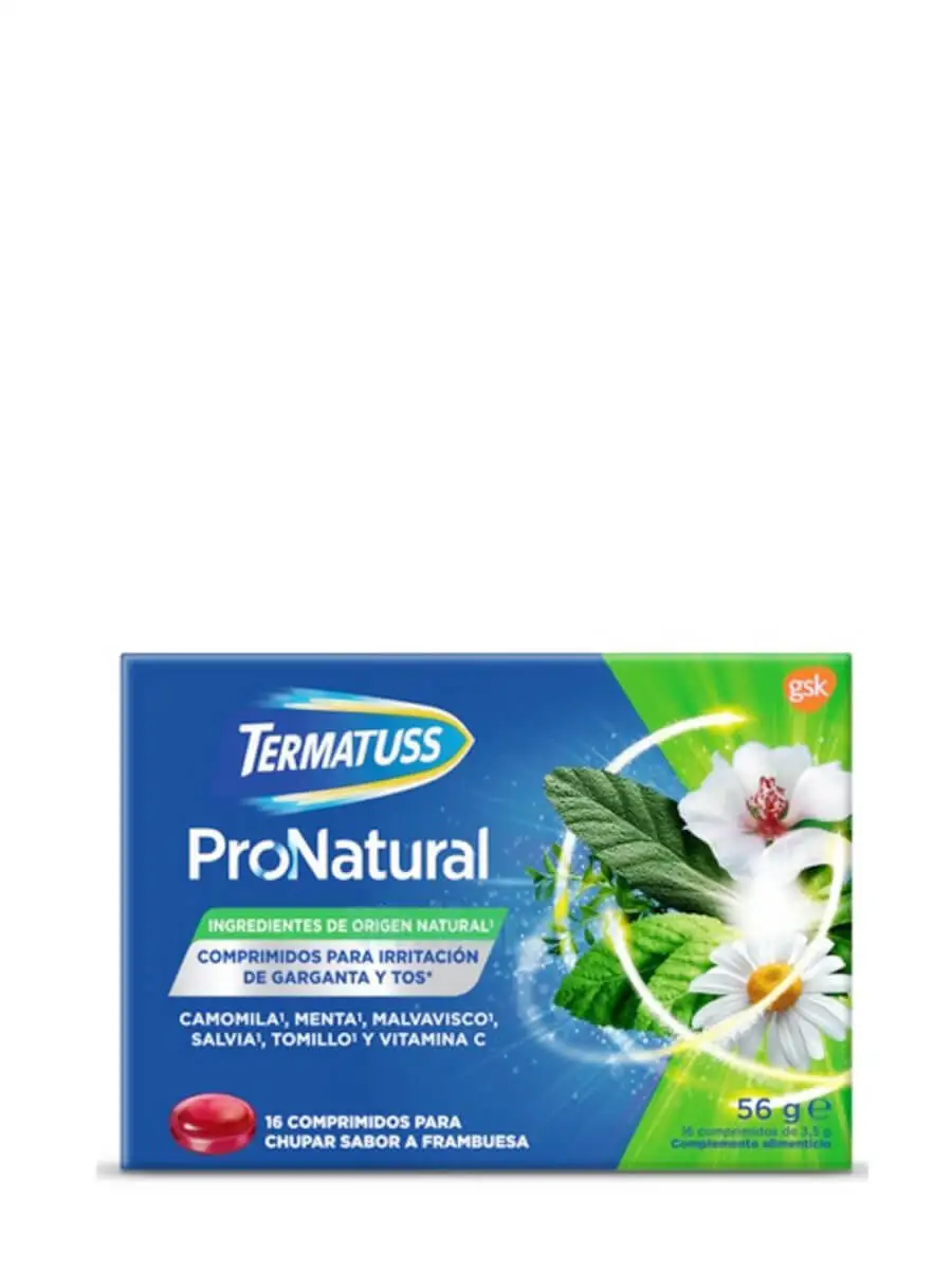 Termatuss pronatural raspberry flavor 16 tablets to suck-relieves throat irritation and cough.