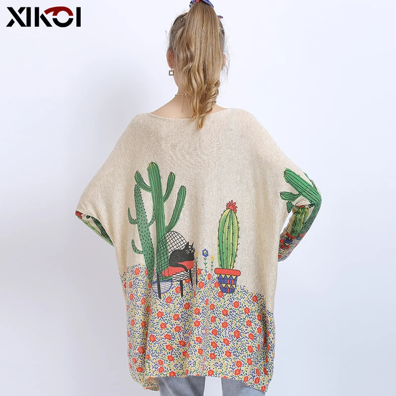 XIKOI Wool Oversized Sweater For Women Winter Long Pullover Dress Fashion Cactus Print Jumper Casual Knitted Sweater Pull Femme