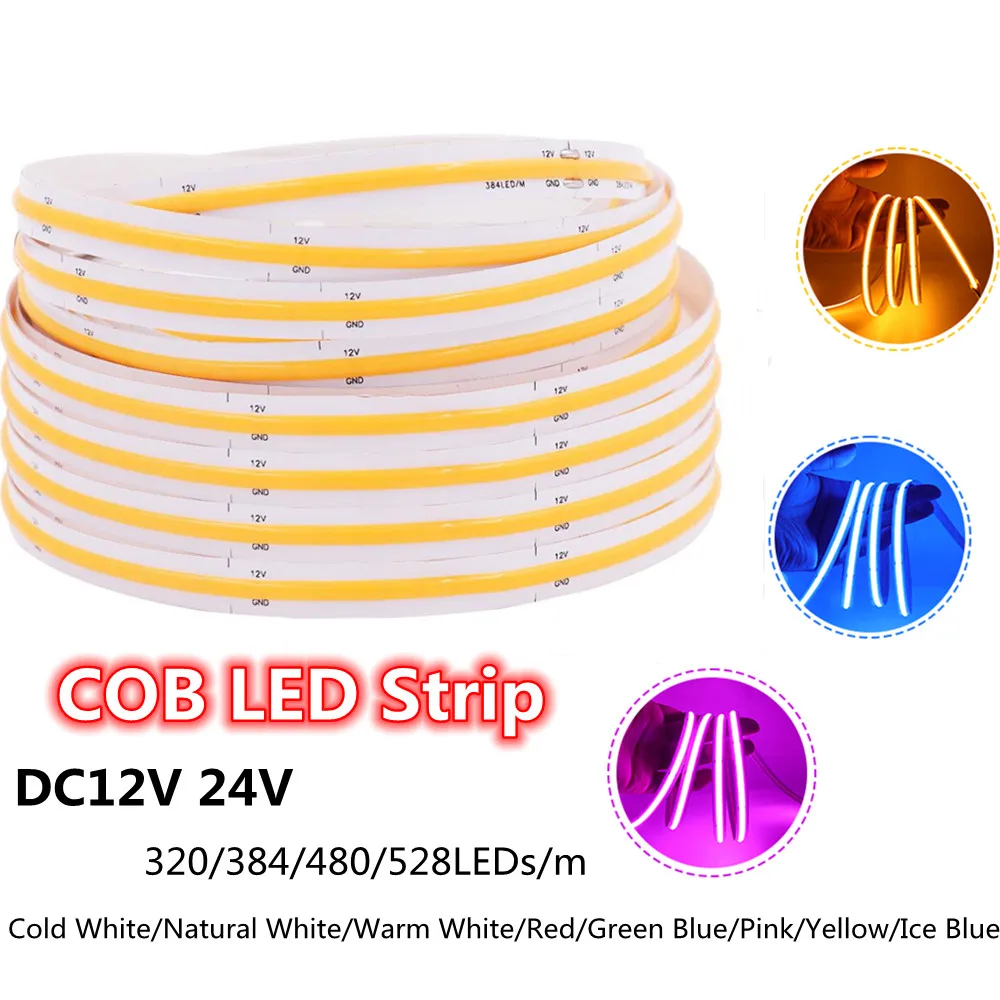 

DC12V 24V LED COB Strip Lights 5m/lot 320/384/480/528LEDs High Density Flexible 8-10mm FOB Tape Lighting Linear Bar Ribbon RA90