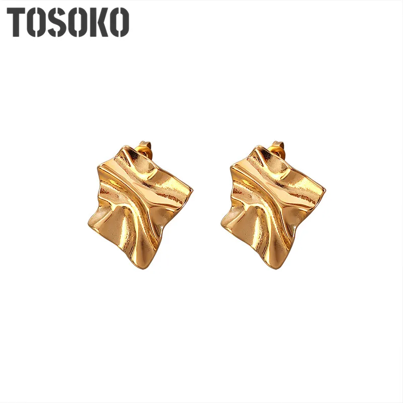 TOSOKO Stainless Steel Jewelry Pleated Special-Shaped Earrings Women's Fashion Square Earrings BSF432