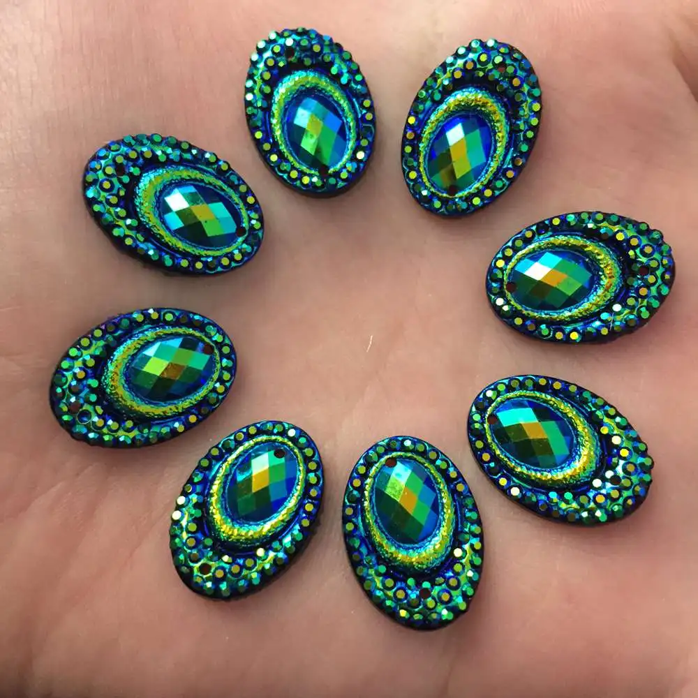 Shiny 60PCS AB Resin 13*18mm Oval Peacock Eye FlatBack Rhinestone  Scrapbook Wedding 2 Hole Appliques Ornament SF108