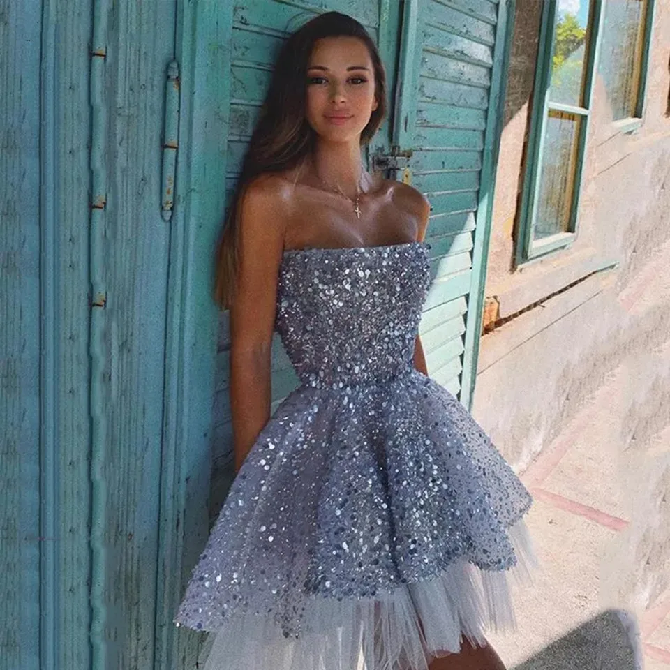 Błyszczące cekinowe krótkie sukienki koktajlowe 2021 kobiet formalne Party krótkie suknie na bal maturalny szary Vestido De Gala Graduation Homecoming Dress