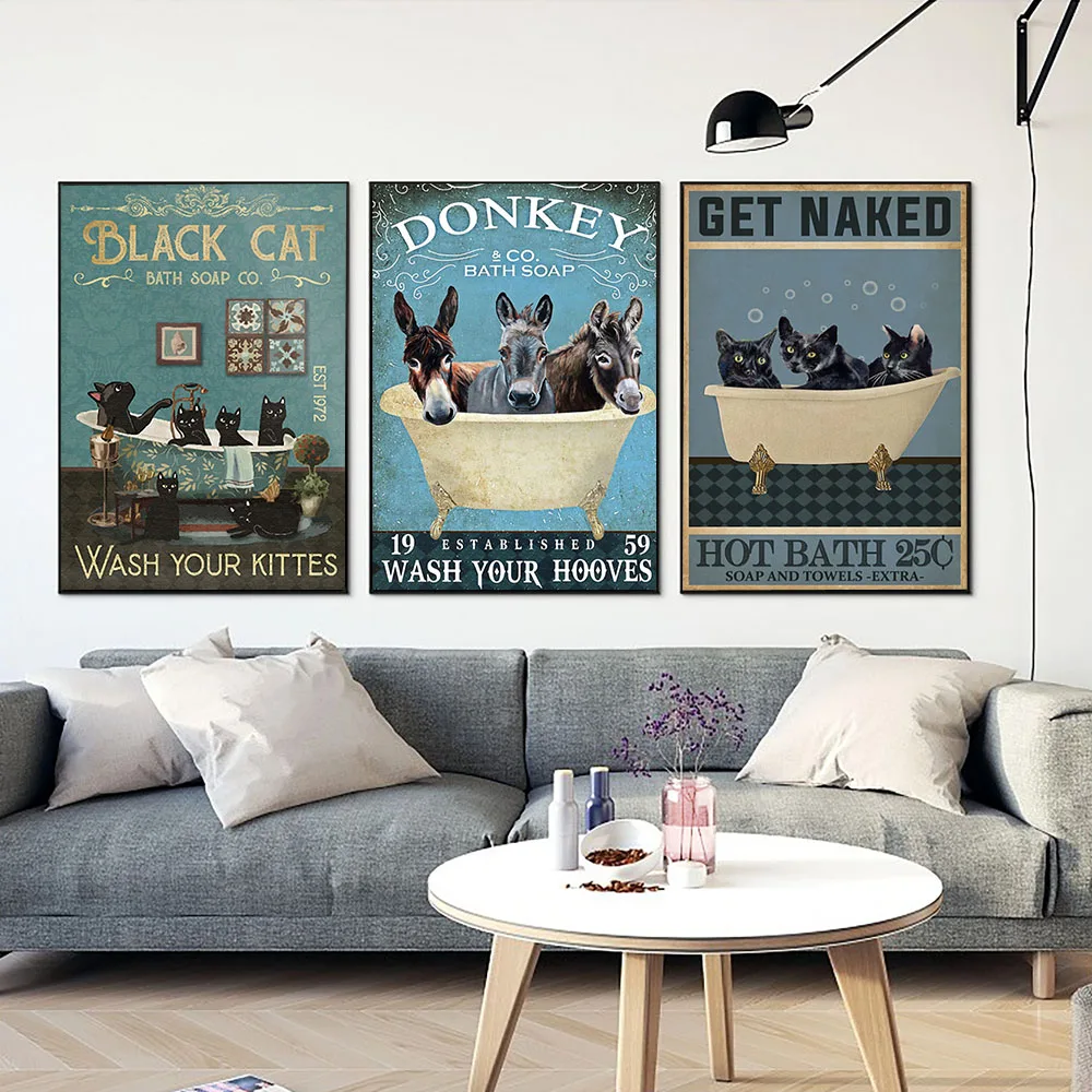 Black Cat Donkey Raccoon Poster Get Naked Quote Print Bathroom Wall Art Toilet Canvas Painting Pictures Room Wall Decor No Frame