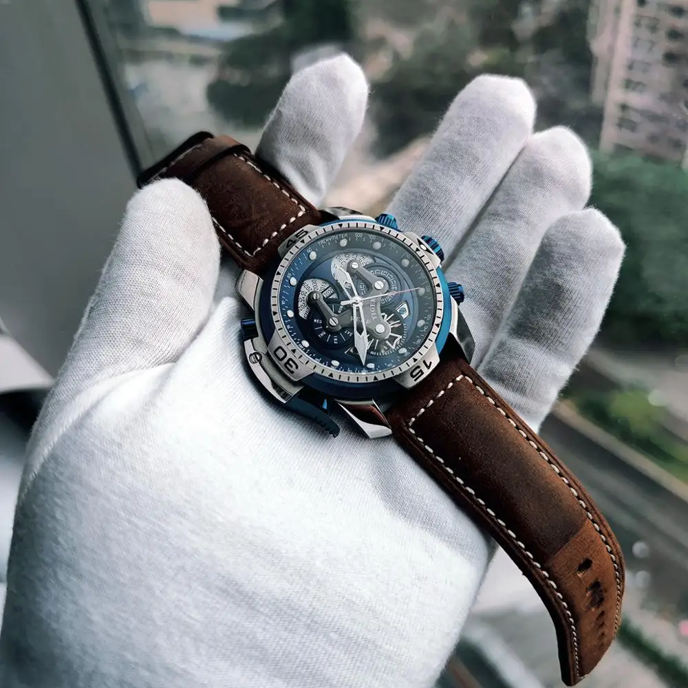 Riff Tiger/RT Luxus Marke Blau Militär Uhr Männer Lederband Stahl Automatische Uhr Wasserdicht Relogio Masculino RGA3503