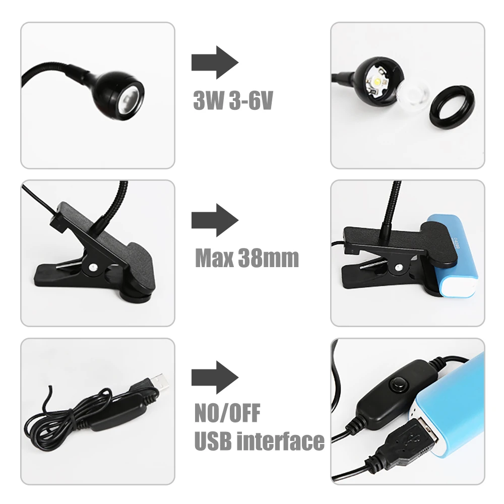 USB Led Desk Light Mini Clip-On White Light Portable Small Table Lamp with Switch Home Use Table Lamp Free Bending