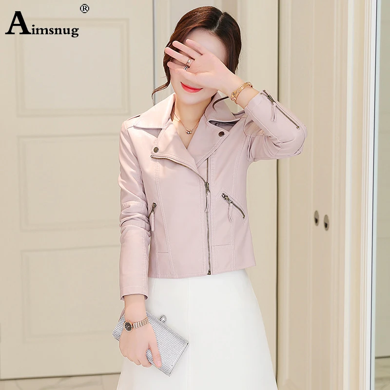 Women Cute Faux Pu Leather Jacket Girls Black Pink 2024 Spring Outerwear Pockets Zipper Office Lady Coat Slim Biker Jackets