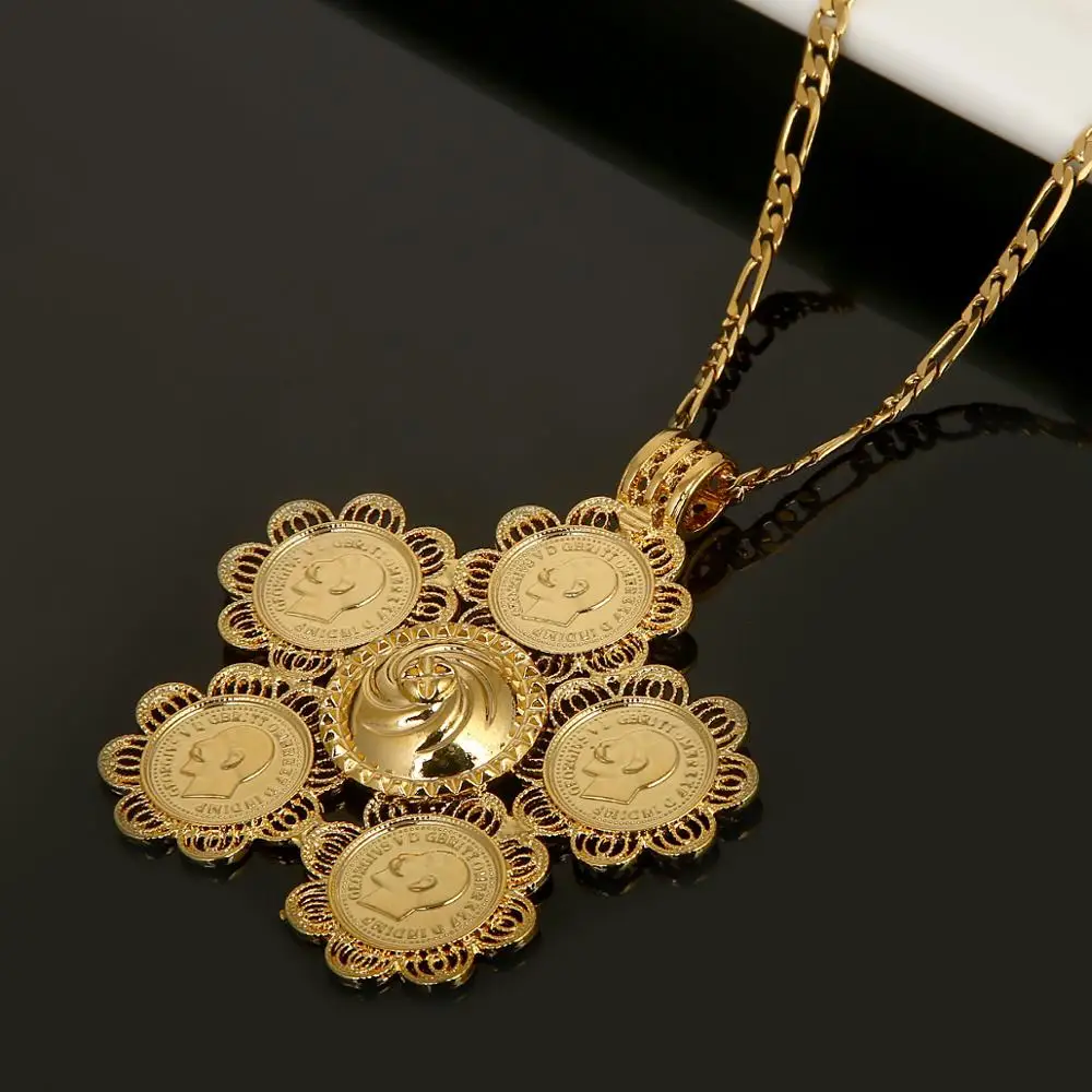 Ethiopian Coin Cross Pendant Necklaces Gold Color Africa Coin Eritrea Chain Jewelry