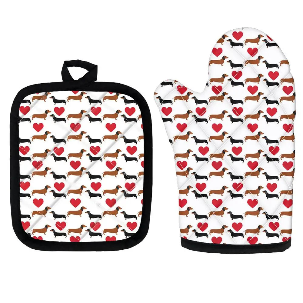 

Cartoon Dachshund Dog 2025 Oven Mitts And Pot Holders Sets Insulated Oven Glove Mat 2Pcs For Microwave Oven Scald-Proof Gloves