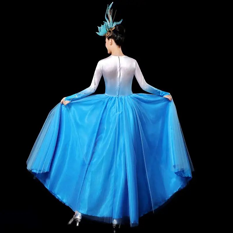 Blue Flamenco Dress Women Fairy Concert Outfits Modern Dance Costume Ballroom Dance Clothes Stage Costume Evening Dresses DL7394