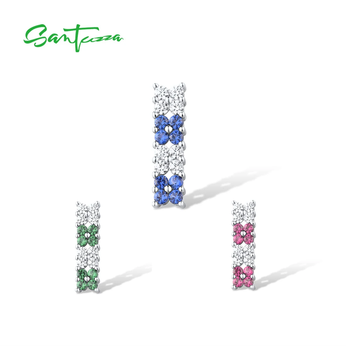 SANTUZZA Genuine 925 Sterling Silver Pendant For Women Shiny Blue CZ Green Spinel Ruby Flower Pendant Party Gift Fine Jewelry
