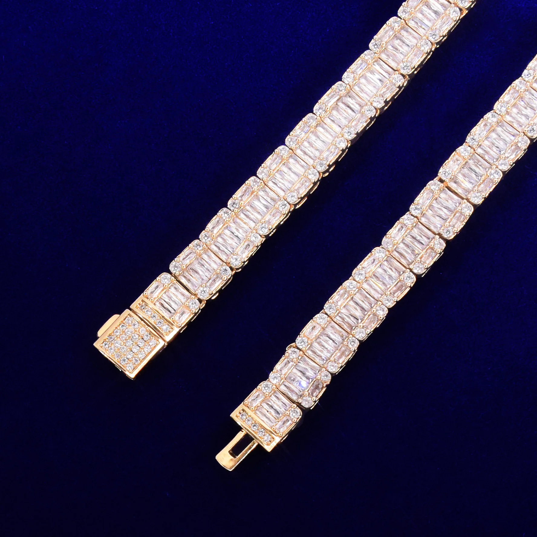 9MM Baguette Zircon Bracelet Chain Men\'s Trendy Cool Hip Hop Link Gold Color Plated Copper Bling Rock Jewelry