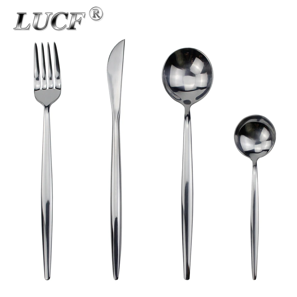 LUCF Hot Famous Design Stainless Steel Cutlery Sets Dinnerware Set Dishwasher Safe Fashion Rounded Spoons Silverware For Kitchen