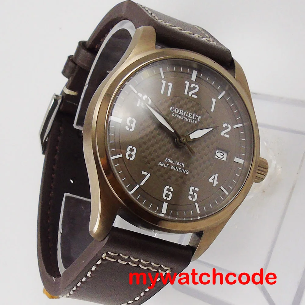 40mm corgeut brown dial data janela 316l caixa de aço inoxidável pulseira de couro marrom nh35 movimento automático relógio masculino