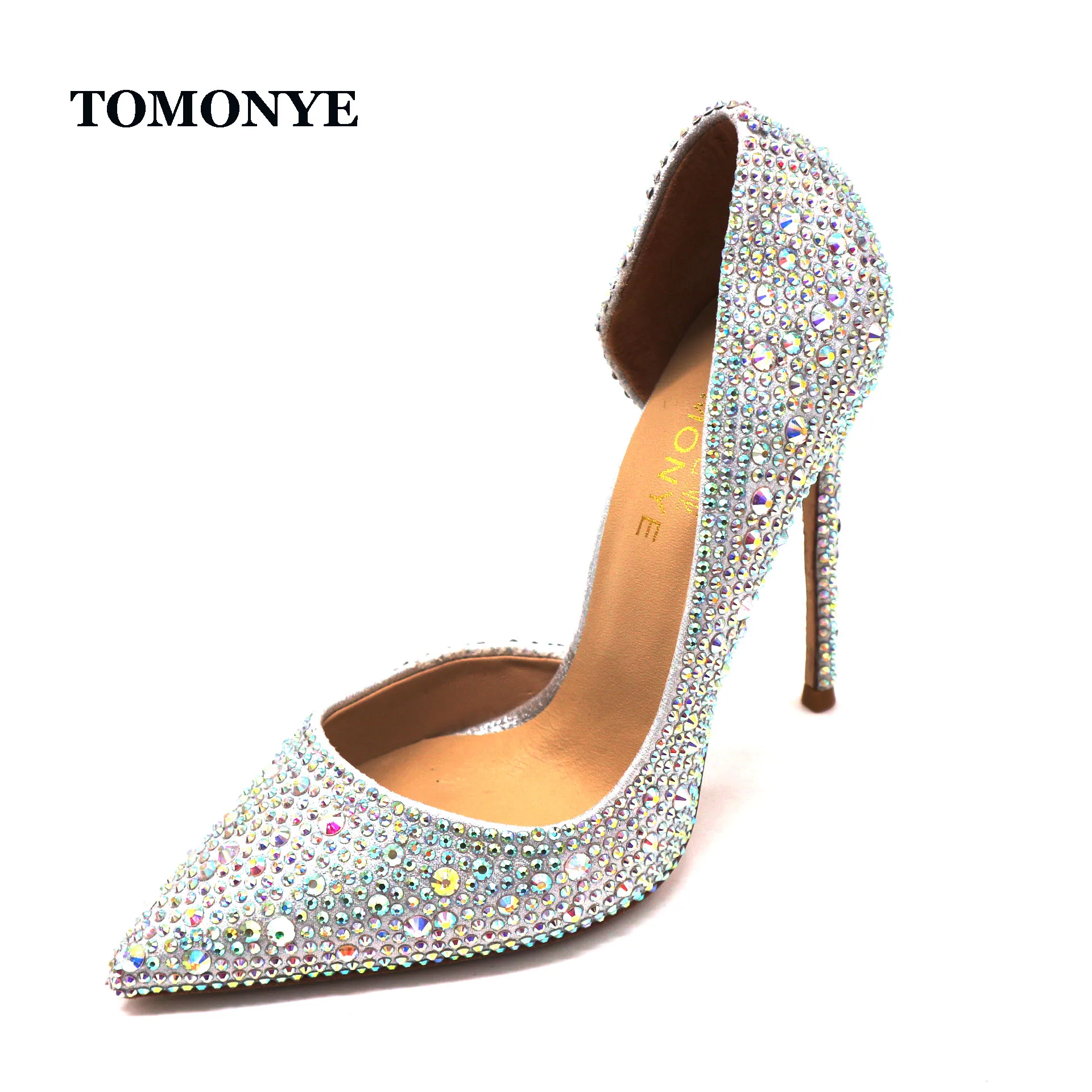 TOMONYE brand glitter silver crystal rhinestone pointed toe open inside women lady female bride wedding silver heels shoes pump