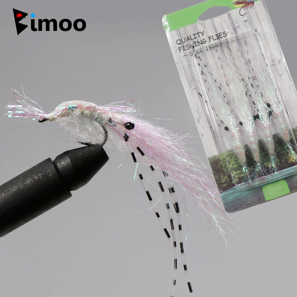 Bimoo 4pcs Salty Krystal Flash Shrimp Fly Luminous Back Ice Wing Legs Bass Trout Salmon Lure Bait #2 #4 #6 #8 #10