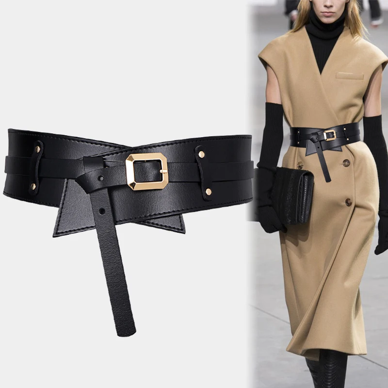 New Knot Belts For Coat Khaki Super Wide Cummerbunds Dress Black Soft Pu Leather Waistbands Sexy Gold Pin Buckle Waist Seal Lady