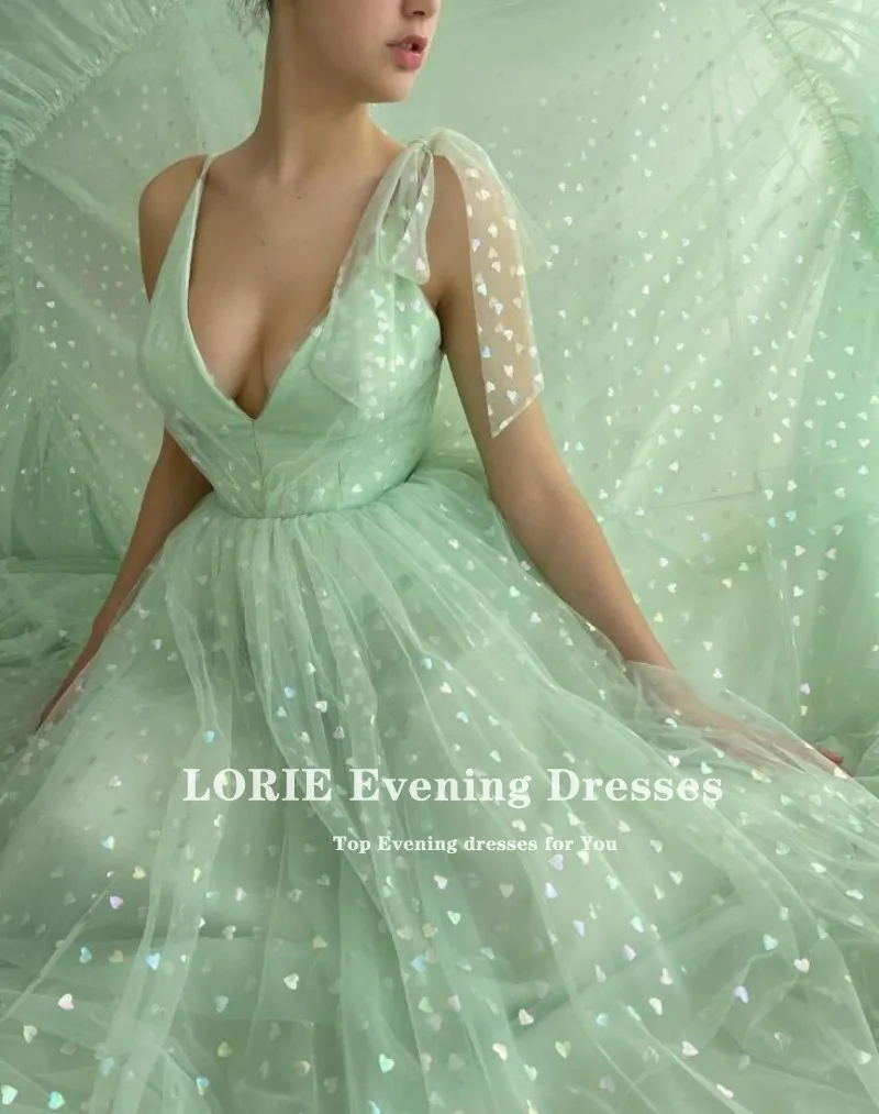 LORIE Shiny Fairy Prom Dresses scollo a v increspato menta verde Tulle A-Line abito da festa lungo per laurea abiti da cocktail