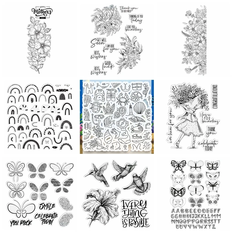 Mixed Style Clear Transparent Stamps Flowers Bouquet Border Butterflies Birds Rainbow Arch Shell Crab Sentiments Words 2021 New