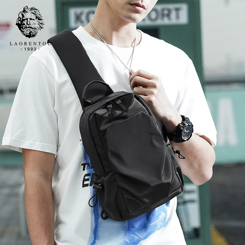 LAORENTOU Men Casual Chest Bag Short Trip Travel Sling Bag Simple Male Chest Bag Mini Flap Zipper Shoulder Crossbody Bag For Boy