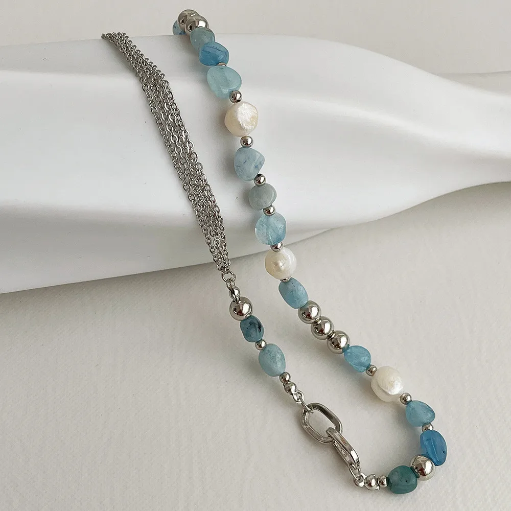 kshmir Natural stone blue crystal necklace baroque natural freshwater pearl niche design feeling fresh clavicle chain women