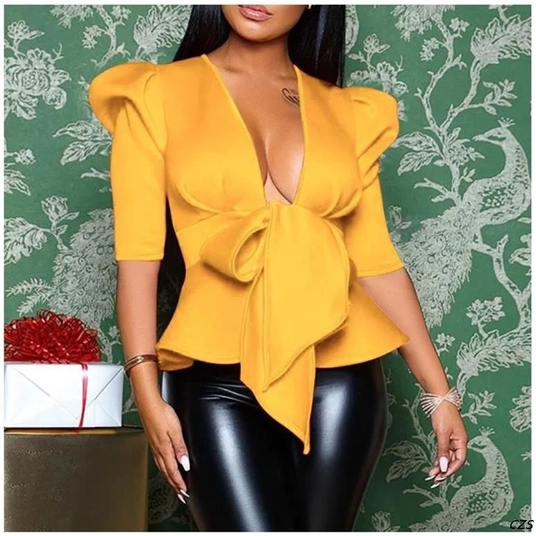 Women Peplum Blouse Tops Club Waist Belt Bowtie Half Sleeves Deep V Neck Sexy Party Clubwear Night Date Out Evening Bluas Ladies