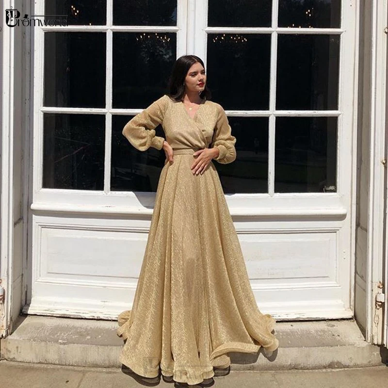 Glittering Gold Lace Prom Dresses Long Sleeves A-Line Off the Shoulder Evening Party Dress V-Neck Robe De Soiree Prom Gowns 2022