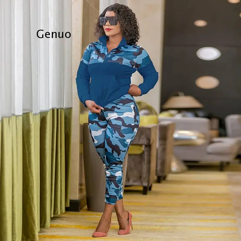 Plus Size S-5Xl 2 Piece Outfits for Women Camouflage Printed Stretch Casual Joggor Fitness Matching Set Wholesale Dropshipping