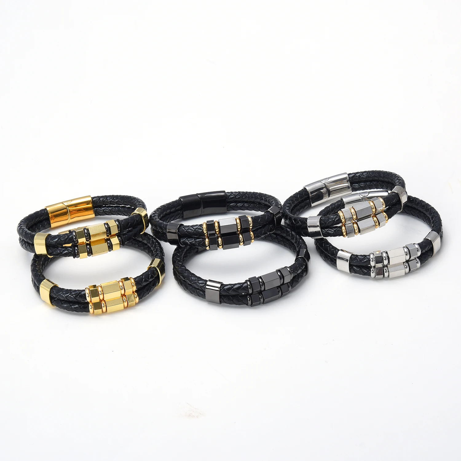 Gioielli moda uomo multistrato bracciali in vera pelle braccialetti geometrici in acciaio inossidabile braccialetto con ciondoli regali da uomo