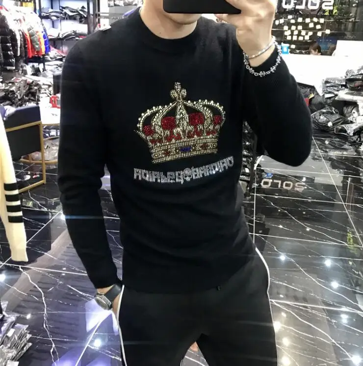 

Mens 2021 Sweater Pullovers Men O-neck Sweaters hot drill black Autumn Male Rhinestone Knitting Clothing Black S-3xl New