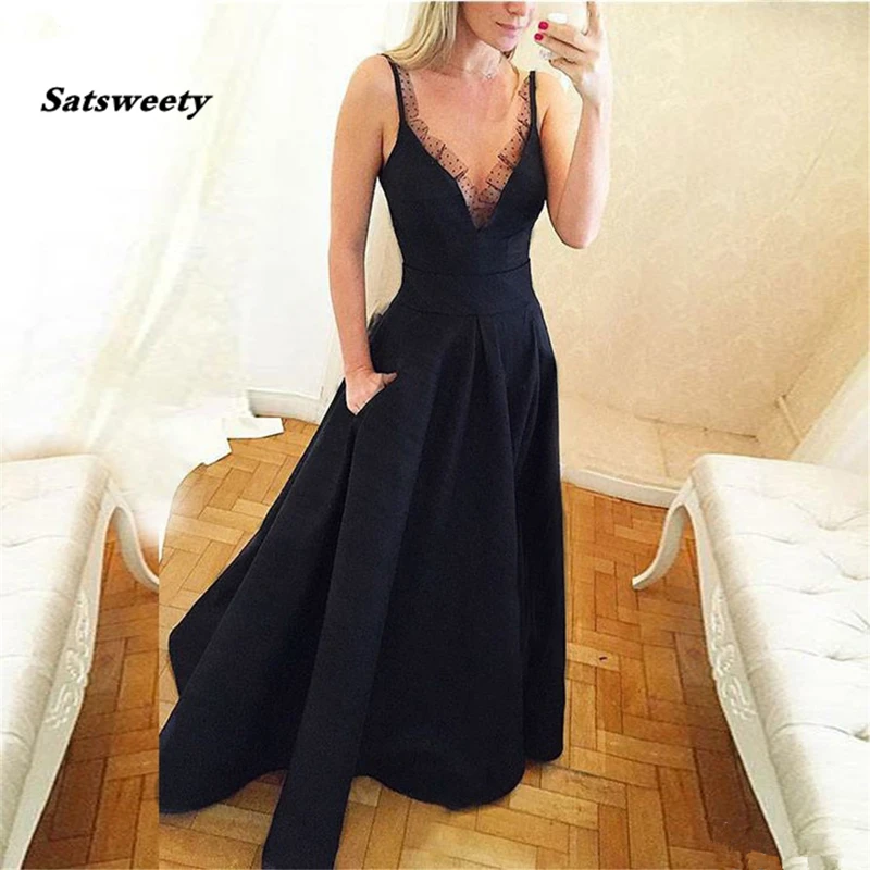 

Elegant Black Long Evening Dress with Pockets Spaghetti Straps V Neck A Line Satin Formal Evening Party Dresses Prom Gown