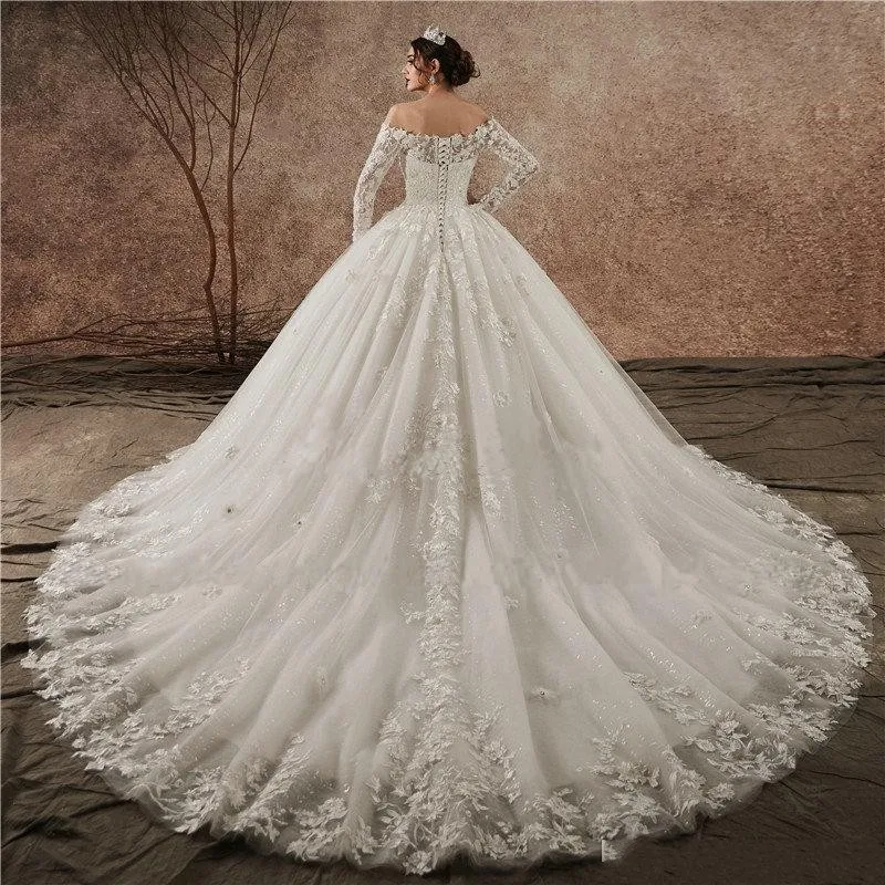 Robe de Mariée Bouffante en Dentelle Brillante, Manches sulf, à Lacets, Paillettes, pour les Patients, Personnalisée