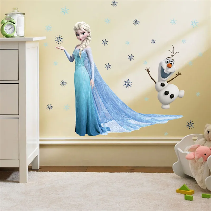 Lovely Olaf Elsa Queen Snowflakes Frozen Wall Sticker For Kids Room Decoration Cartoon Home Decals Anime Mural Art Movie Poster