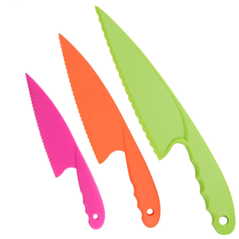 3pcs/Set Plastic Kitchen Knife Kid Safe Cooking Chef Knives Fruit Bread Cake Salad Lettuce Knife Portable Chopping Board Toy