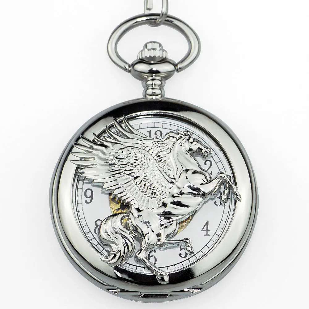 High Quality Antique Vintage Fly Horse Hand Winding White Dial Mechanical Pocket Watch Skeleton Men Women Fob Chain PJX1339