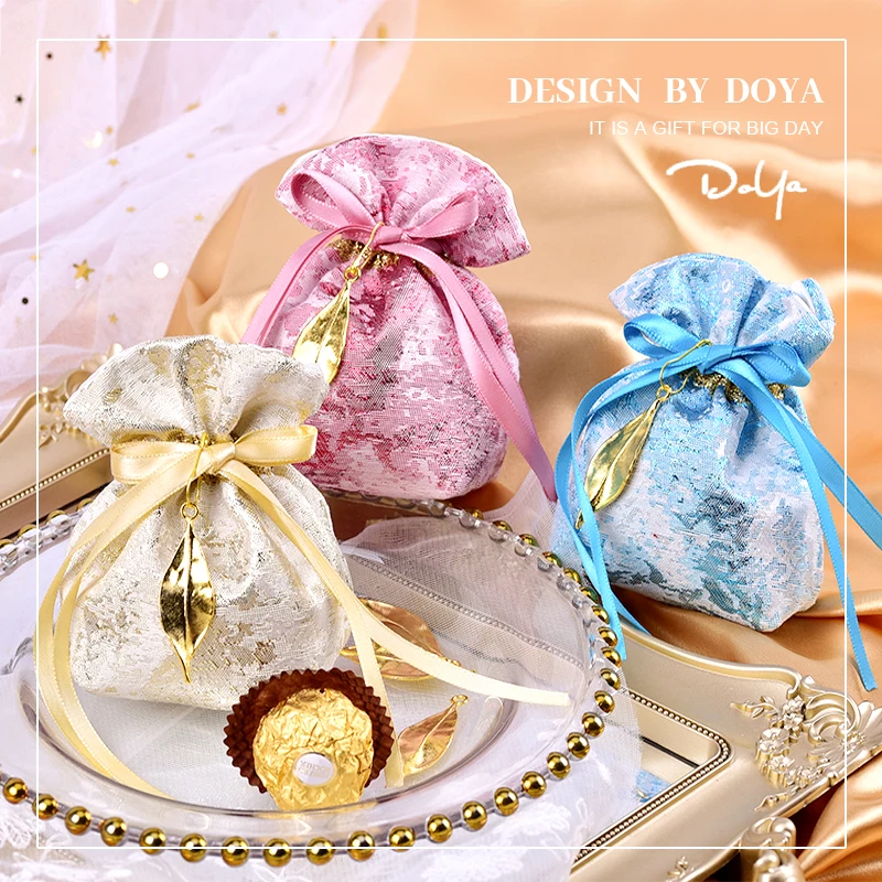 Luxury Creative Candy Bag Wedding Gift Wedding Candy Jewelry Box Small Gift Packaging Pouches Wdding Supplies With Golden Leaf