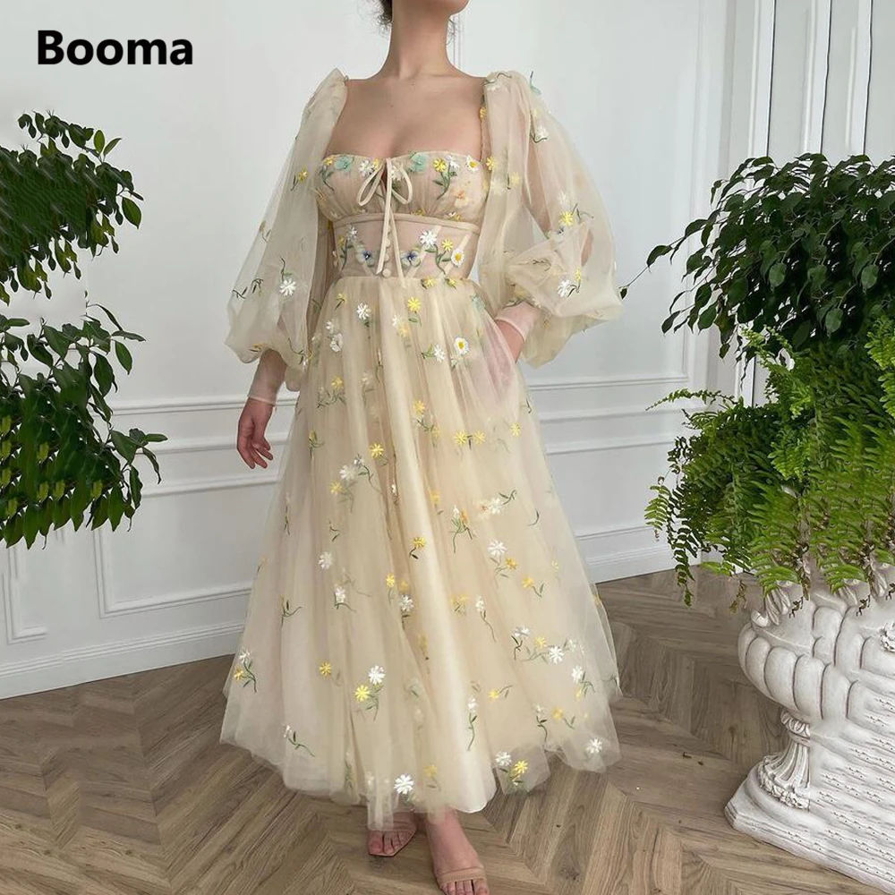 Booma Beige Square Neck Prom Dresses Long Puff Sleeves Embroidery Tulle Prom Gowns A-Line Ankle-Length Wedding Party Dresses