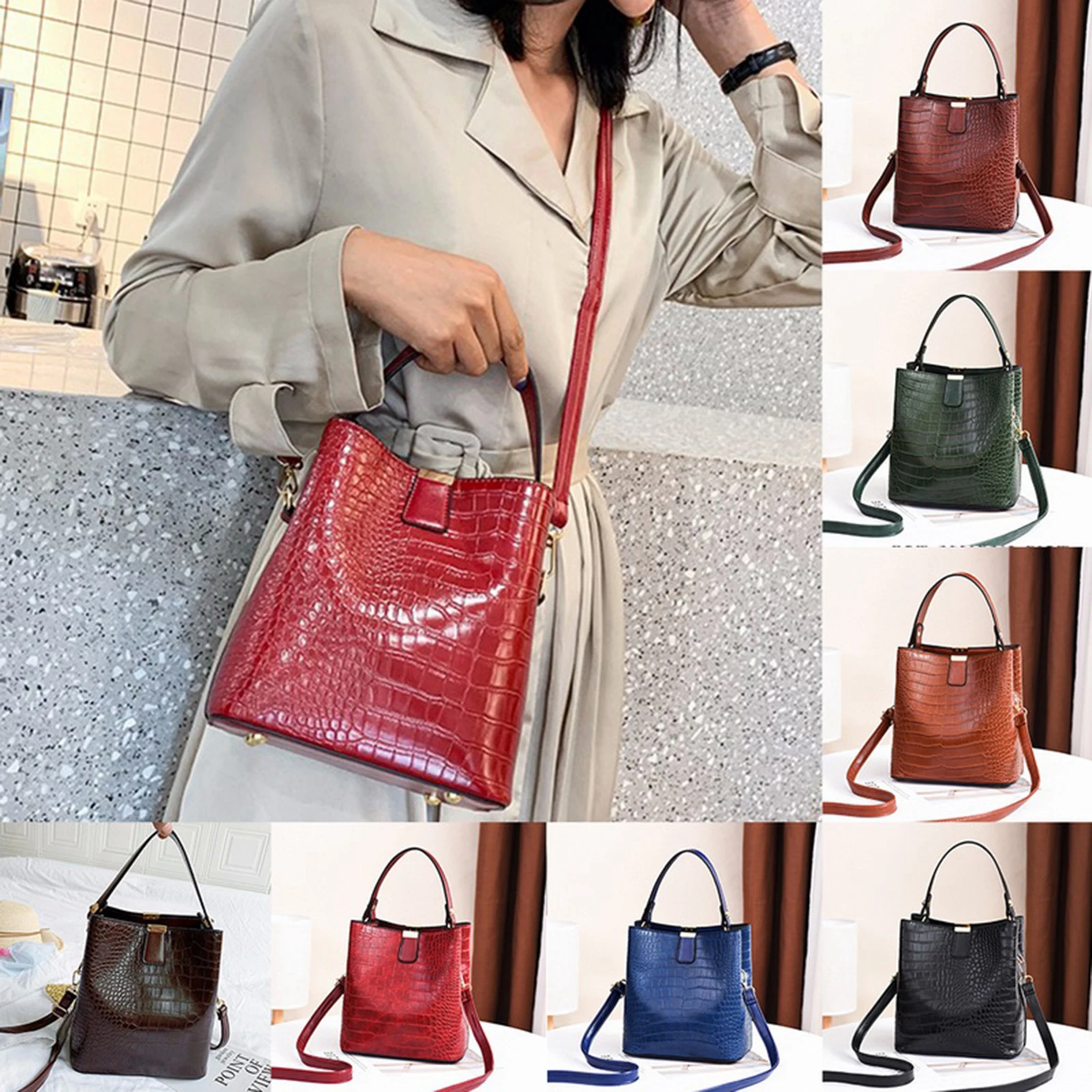 Leather Bucket Bag Handbag Satchel Luxury Ladies Work Totes Detachable Strap