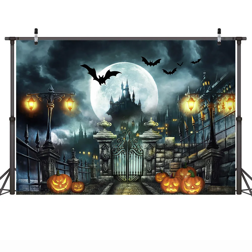 Halloween Photo Backdrop Pumpkin Lantern Scary Night Full Moon Photography Background Halloween Family Party Portrait Photoshoot