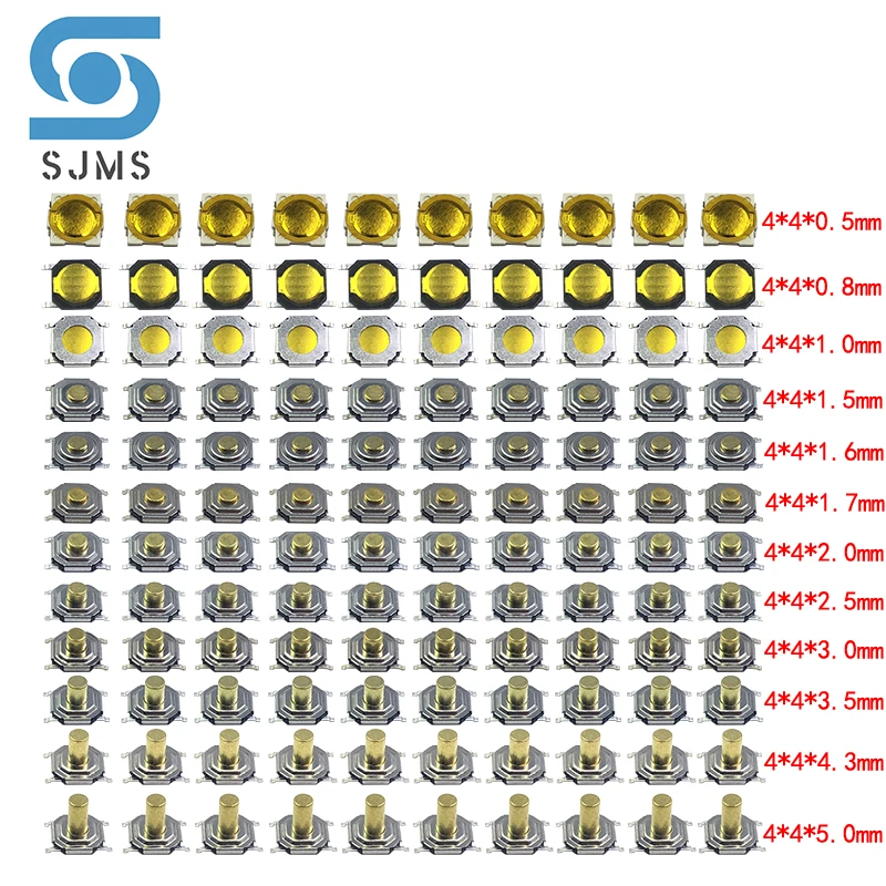 50PCS/lot Copper Pillar Tactile Push Button Switch 4x4 Micro Switch 4*4*0.5/0.8/1.5/1.6/1.7/2/2.5/3/3.5/4.3/5mm mini Tact Switch