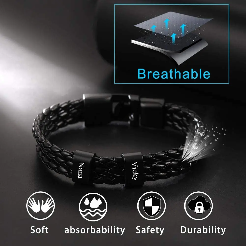 U7 Braided Leather Bracelet with Custom Engrave Bead 3-Layered Black Wax Leather Wristband Bracelet  2-5 Name Beads