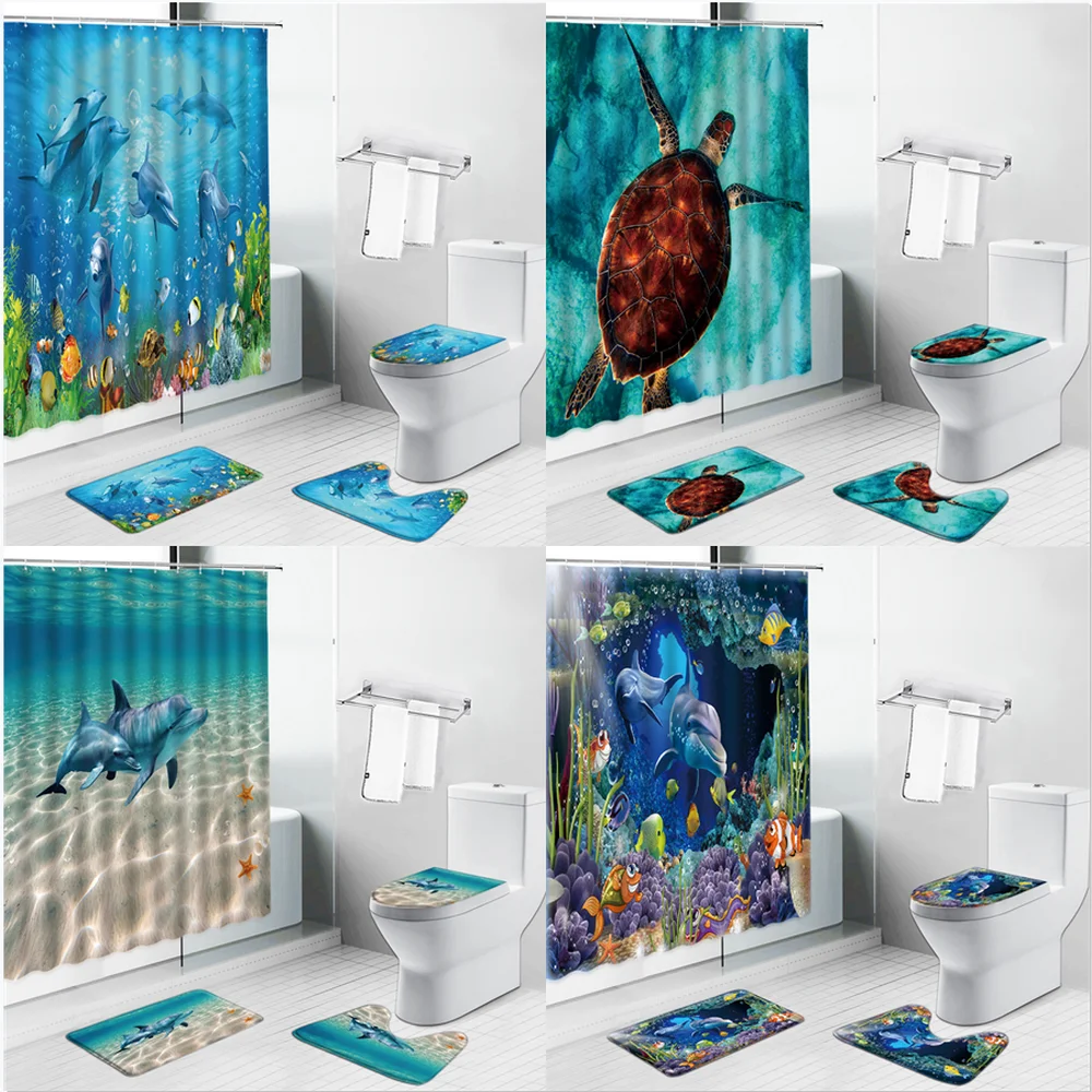 

Dolphin Sea Turtle Print Shower Curtain Ocean Animal Tropical Fish Bathroom Set Non Slip Bath Mat Toilet Cover Pedestal Rug Lid