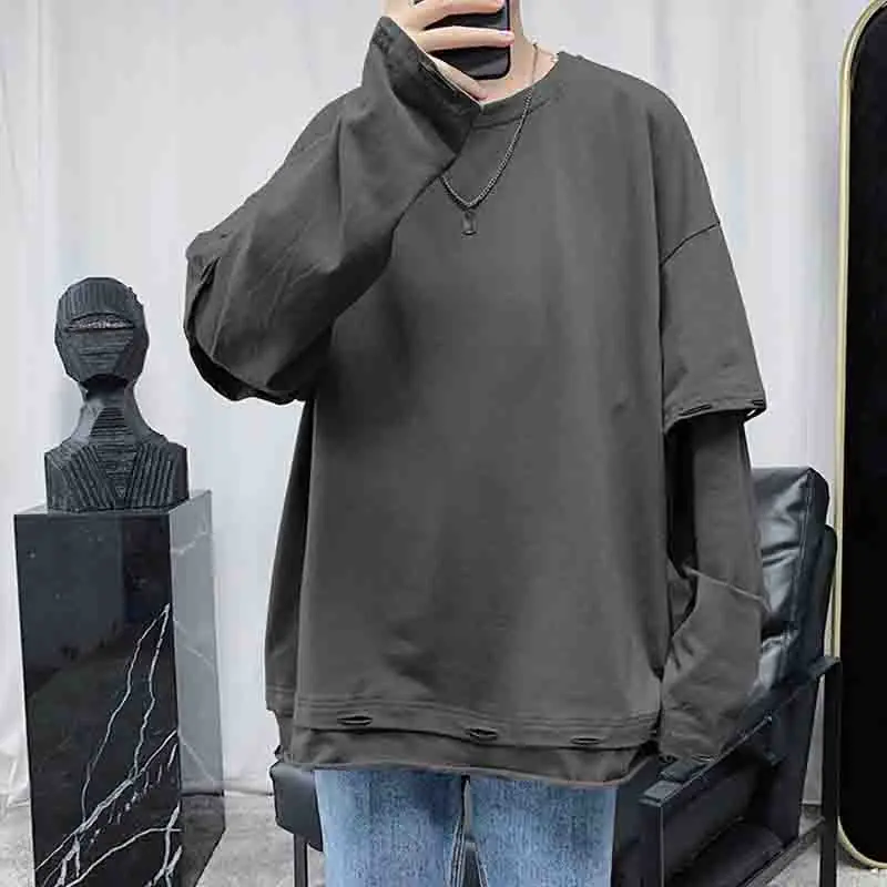 

Men's Long Sleeve T-Shirt Spring And Autumn New Korean Fashion Youth Personality Hole Design Leisure Loose Large Size T-Shirt