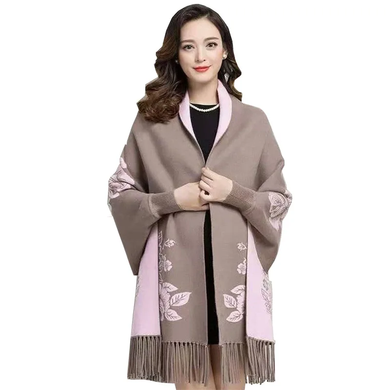 

Women Spring Autumn Cape Shawl New Female peony flower Shawl Middle-aged Mom Fashion knitting Cloak Cardigan A762