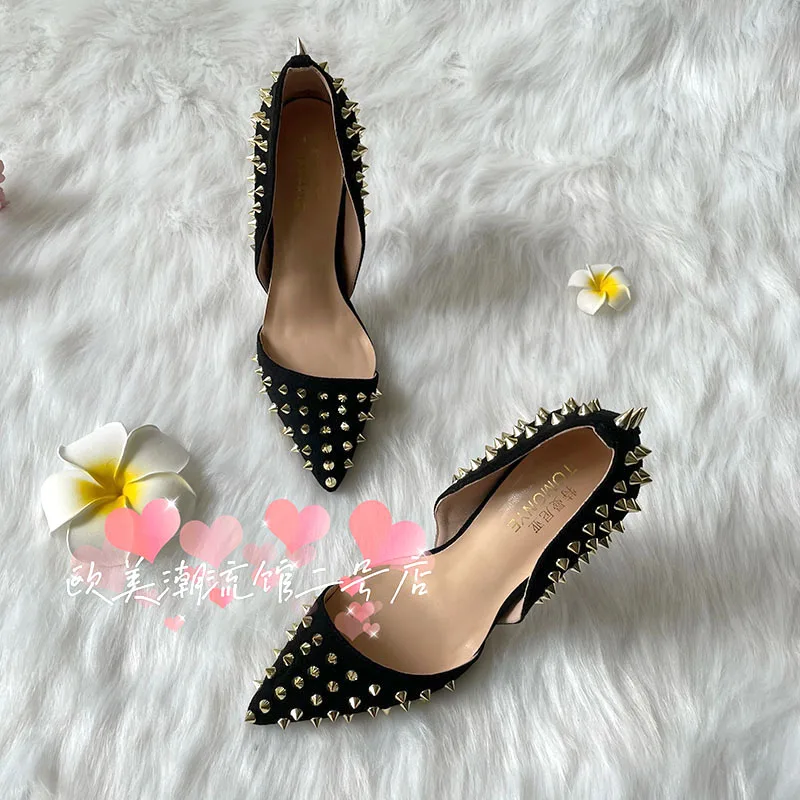 TOMONYE  black suede gold rivets stud open in the middle plus big size46  extra small size33 women lady 120mm high heel shoes